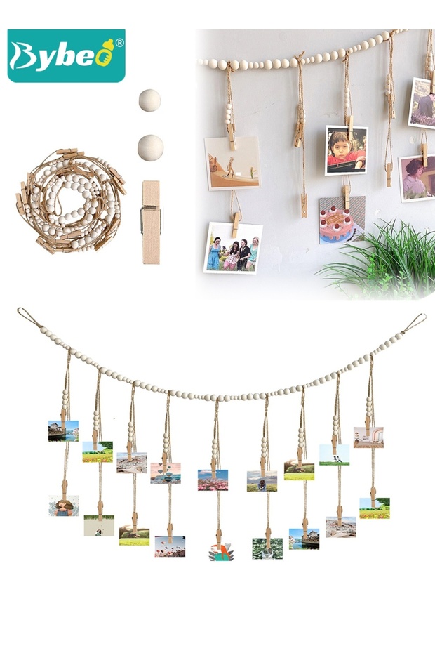 Wall Hanging Picture Organizer, Hanging Photo Display, Boho Wooden Bead Garland Photo with 18 Clips,