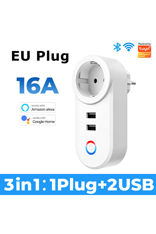 مقبس ذكي من نوع Tuya مزود بقابس أوروبي 16 أمبير يعمل بتقنية الواي فاي، مع منفذي شحن USB، محول مقبس ذكي متوافق مع أجهزة الذكاء الاصطناعي