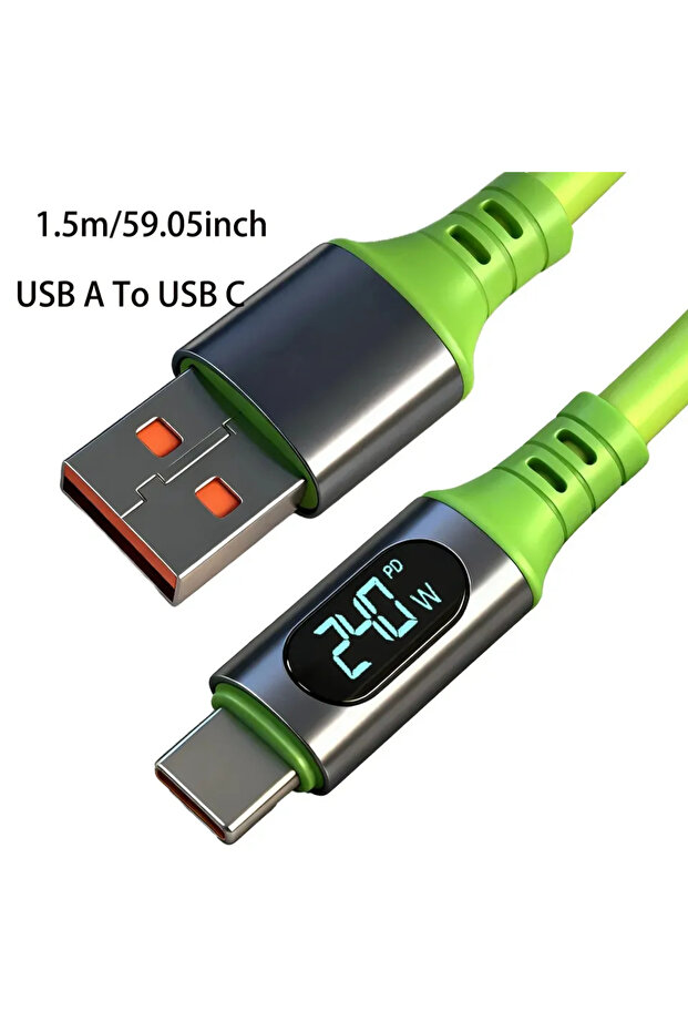 كابل USB-A إلى USB-C بطول 1.5 متر وشاشة عرض رقمية 59.05 بوصة، يدعم الشحن السريع بقدرة 240 واط، ونقل البيانات عالي السرعة.