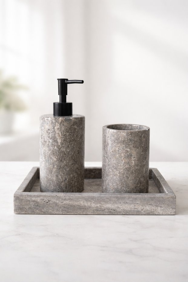 Natural Travertine Stone Bathroom Set – Liquid Soap Dispenser and Toothbrush Holder | Minimal Luxury Design