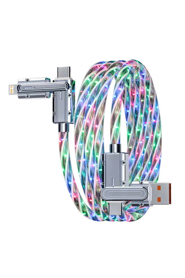 كابل شحن USB متعدد الوظائف 4 في 1، أبيض اللون، مزود بمنفذ RGB من النوع C، يدعم الشحن السريع بقدرة 240 واط كحد أقصى، ونقل البيانات.