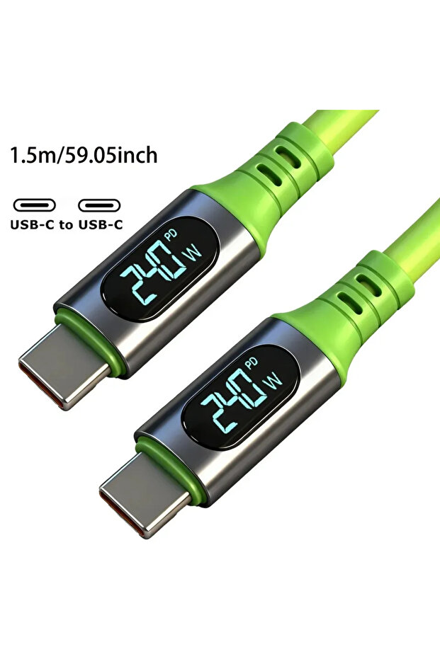 كابل USB-C بطول 1.5 متر وشاشة عرض رقمية 59.05 بوصة، يدعم الشحن السريع بقدرة 240 واط، لنقل البيانات بسرعة عالية.