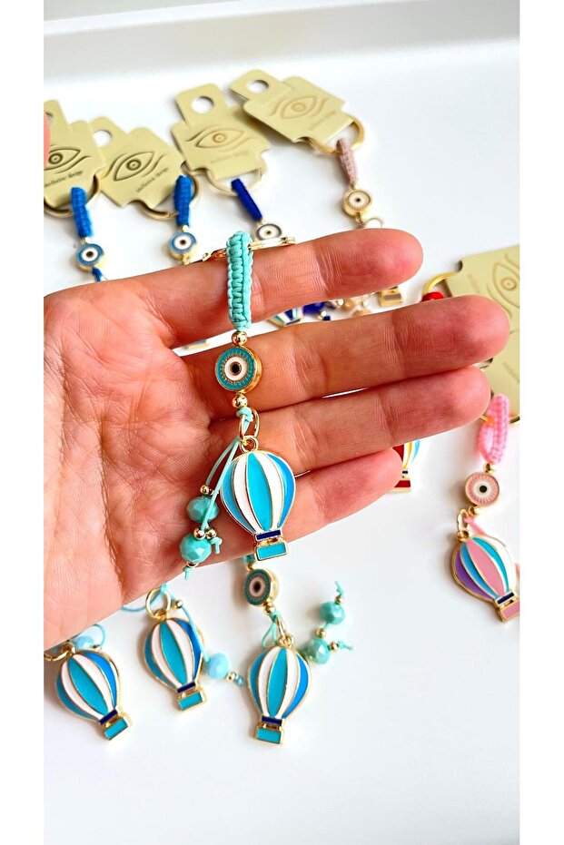 Light Green Colored Balloon Patterned Evil Eye Beaded Keychain - 4