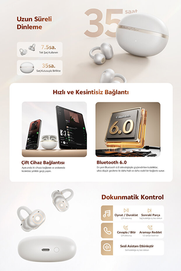 C50 Crossky Küpe Kulaklık 6.0 Çift Cihaz Çift Mıknatıs 35 Saat Dinleme 4 Mic. Gürültü Engelleme - 6