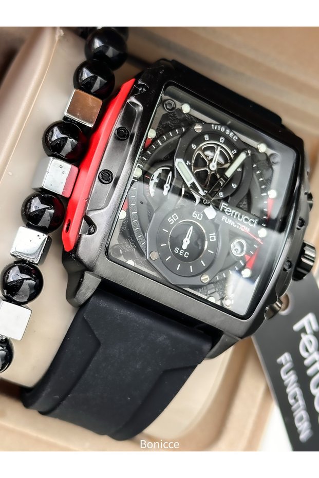 Sports Watch-Black Silicone Cord- Functions Active, Men's Wrist Watch+Bracelet with Calendar