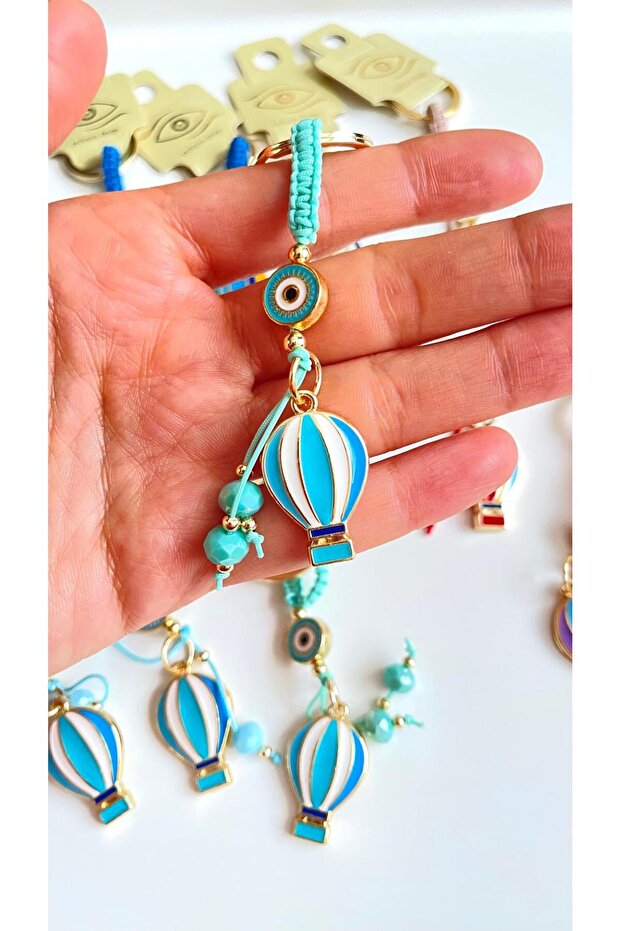 Light Green Colored Balloon Patterned Evil Eye Beaded Keychain - 1