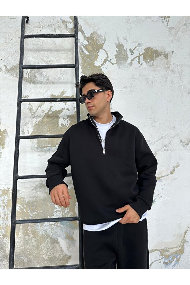 Siyah Oversize Basic Half-Zip - 1