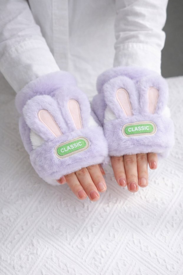 Women's Plush Rabbit Ear Fingerless Gloves – Winter Warm Soft Fleece Gloves