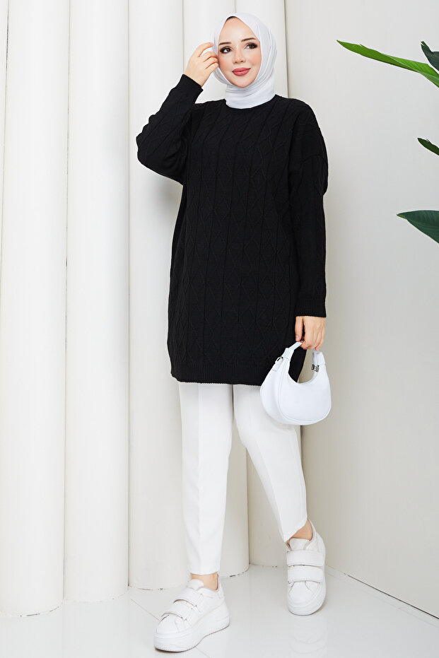 Women's Knitted Diamond Patterned Knitwear Tunic
