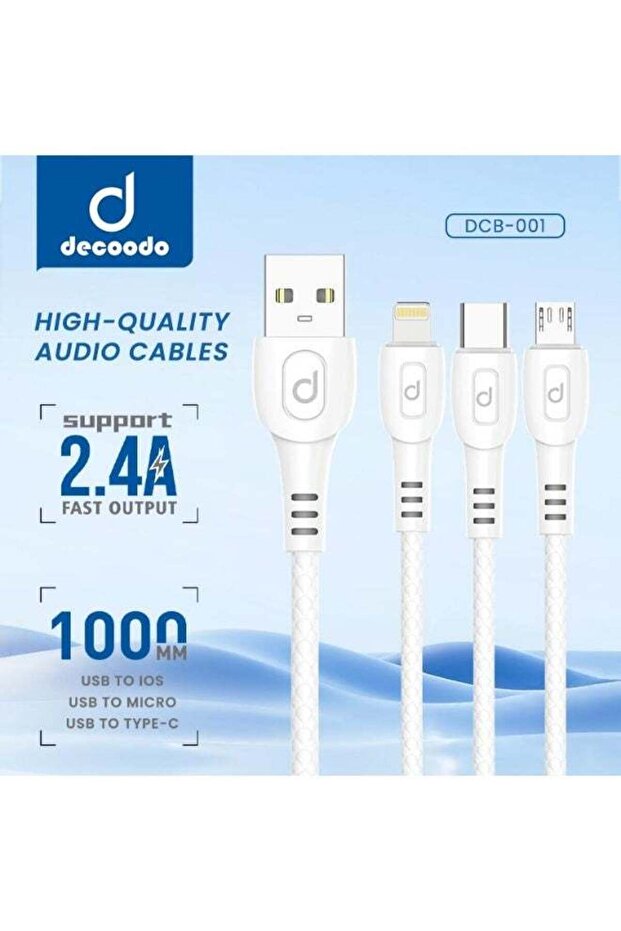 Decodo DCB-001-L 2.4A Multi-Port Fast Data Cable – USB to Lightning / Type-C / Micro USB (1000mm)