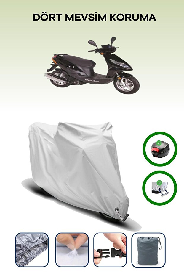 Gray Rear Bag and Lock Compatible Bisan Troy 100 Compatible Motorcycle Tarpaulin