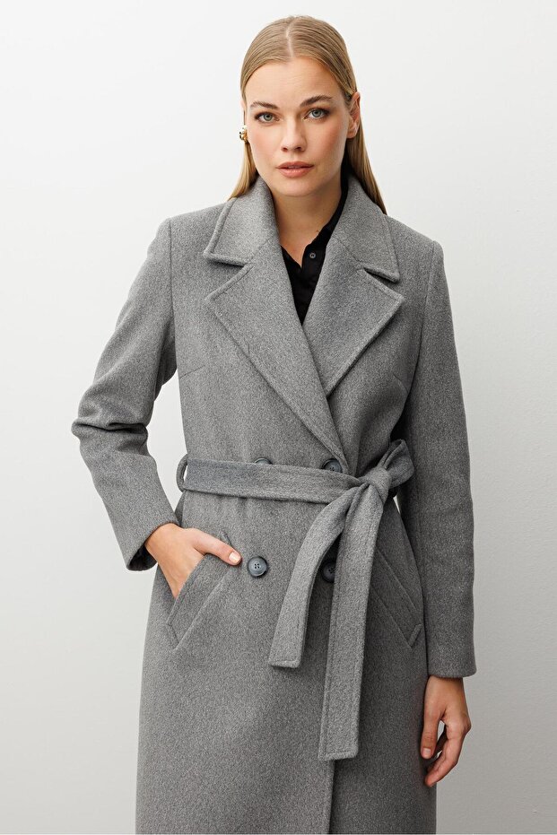 معطف مودالجي ذو بأزرار على الجهتين أزرار باللون الرمادي - 7