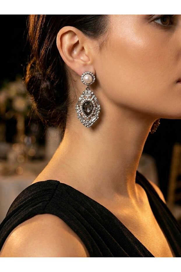 Smoked Stone, Pearl Evening Dress Earrings