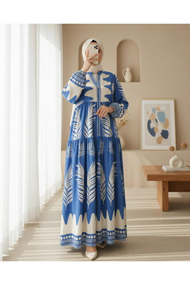 2423 Authentic Patterned Hijab Dress - H. Indigo