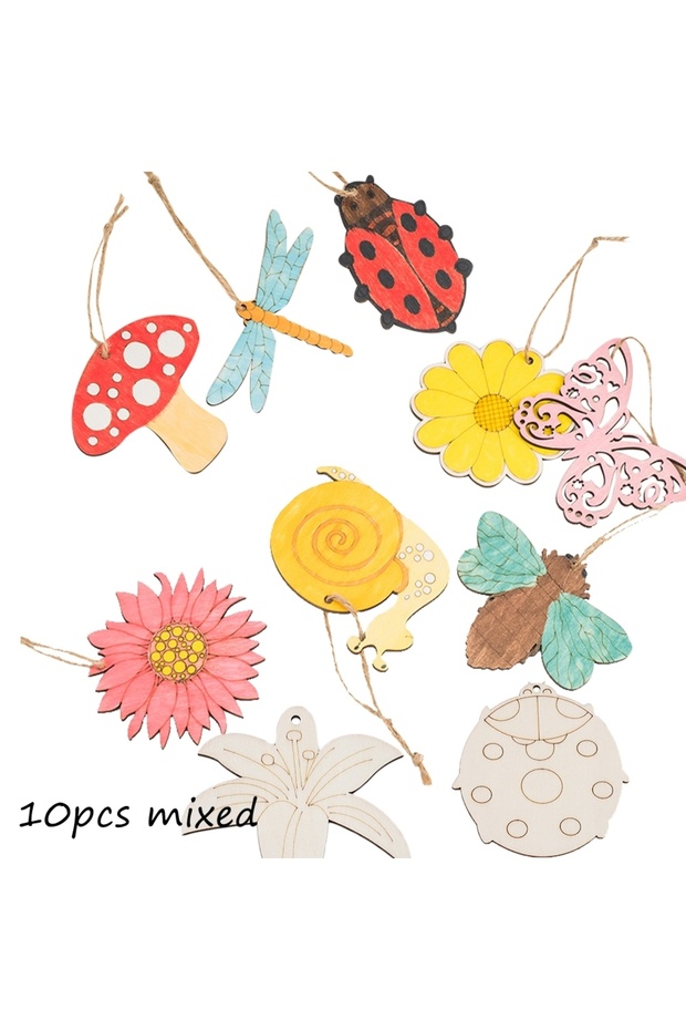 10pcs mixed 10pcs/set Easter Spring Wooden Ornament Insect Flower Hanging Pendants 2024 Spring Home
