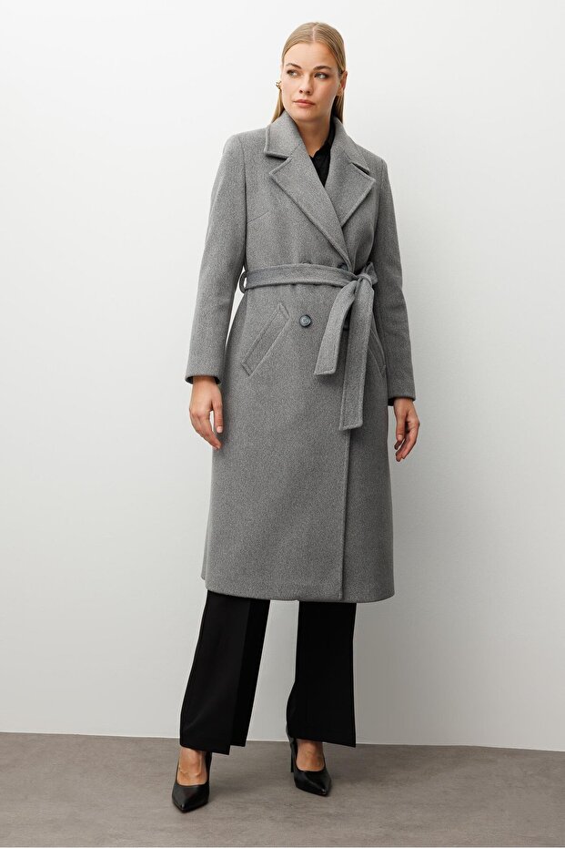 معطف مودالجي ذو بأزرار على الجهتين أزرار باللون الرمادي - 3