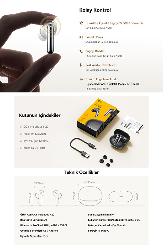 Melobuds N20 Bluetooth Kulaklık 6.0 50 dB ANC 4 Mics. Çift Cihaz 40 Saat Dinleme Beyaz - 5