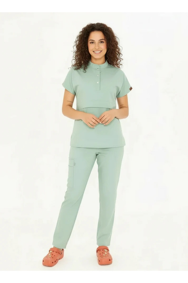 Nova - Celery Green Straight-Leg Women’s Stretch Fabric Mandarin Collar Half-Button Snap Nurse and Doctor Uniform
