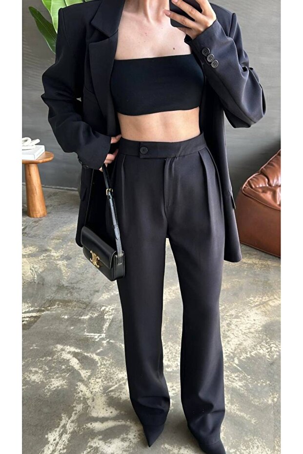 Black Oversized Pile Detailed Trousers - 98612