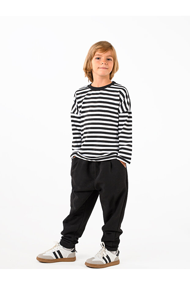 Boy's Suit Black Combed Cotton Tracksuit + Black and White Striped Combed Cotton Sweatshirt