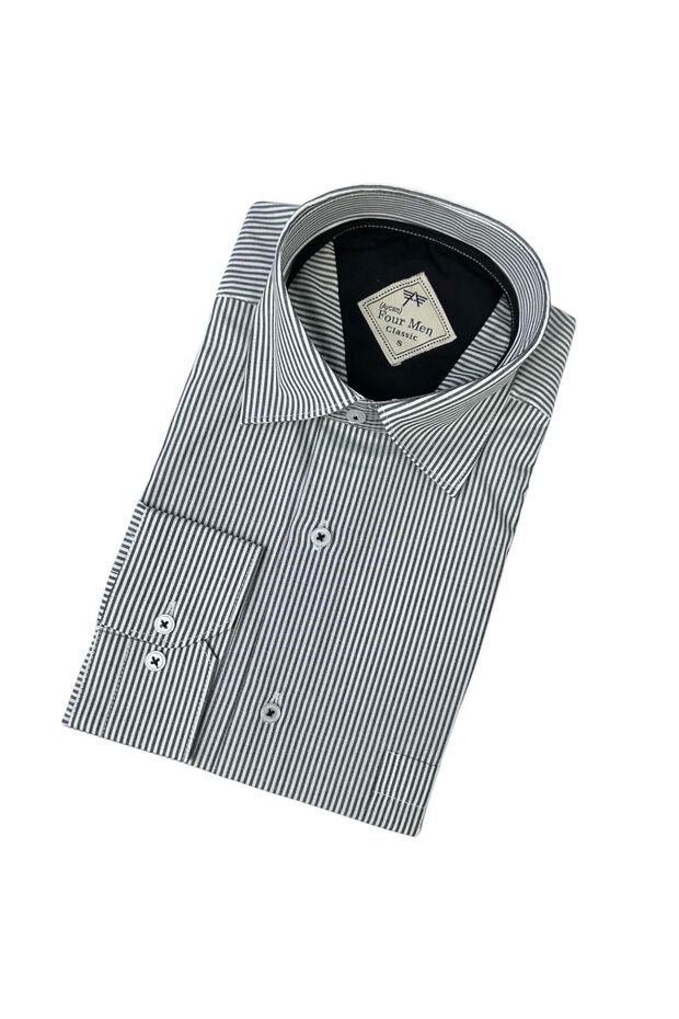 Classic Wide Cut Striped Long Sleeve Cotton Men's Shirt