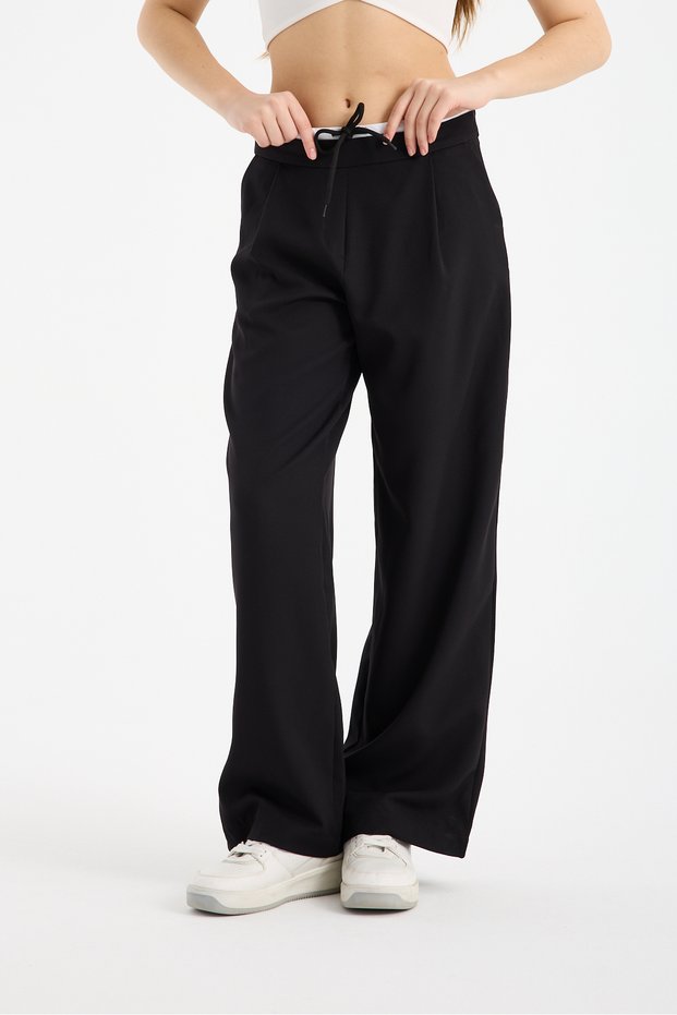 Women's Wide Leg Fabric Pants with Loose Legs, Lace-Up Waist, White with Decorative Details, Zipper Closure
