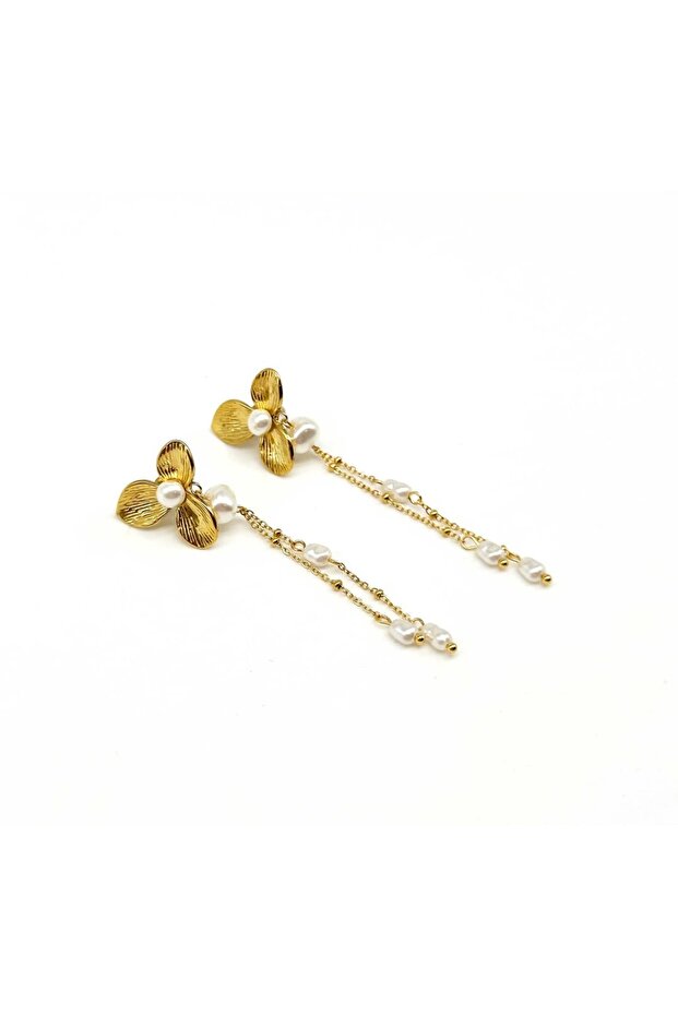 Flower and Pearl Detailed Dangle Steel Earrings
