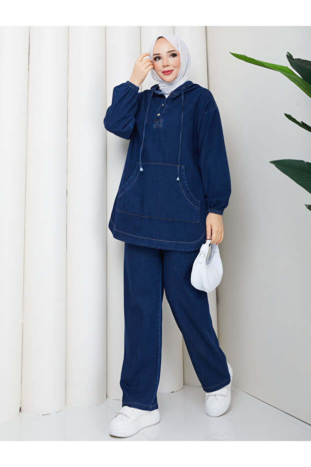 Women's Pants Two-Piece Kangaroo Pocketed Loose Denim Set