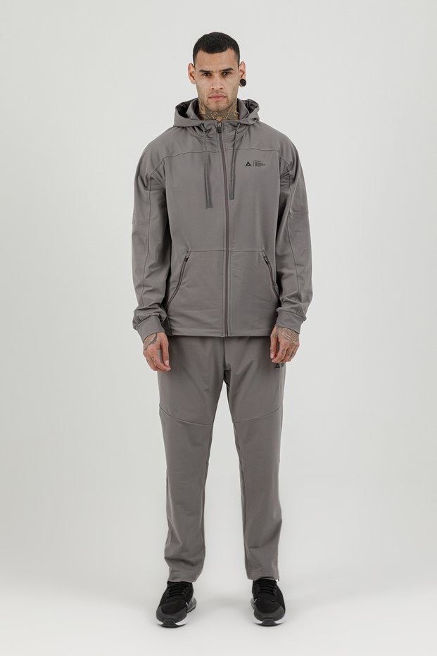 Sportswear Full Length Zippered Men's Hooded Tracksuit Set Gray