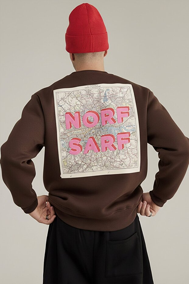 Unisex Oversize Sweatshirt Norf Sarf Map Printed Brown – Crew Neck, 3 Thread Ribbed
