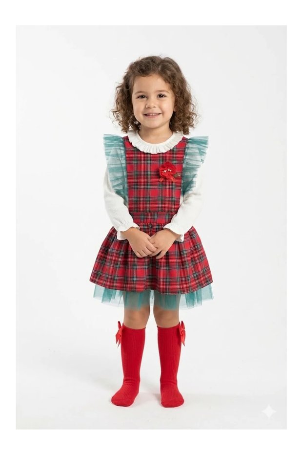 Girls' Red Plaid Tulle Ruffle Christmas and Party Dress