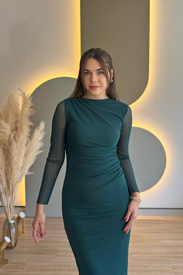 Draped Tulle Elegant Green Midi Dress