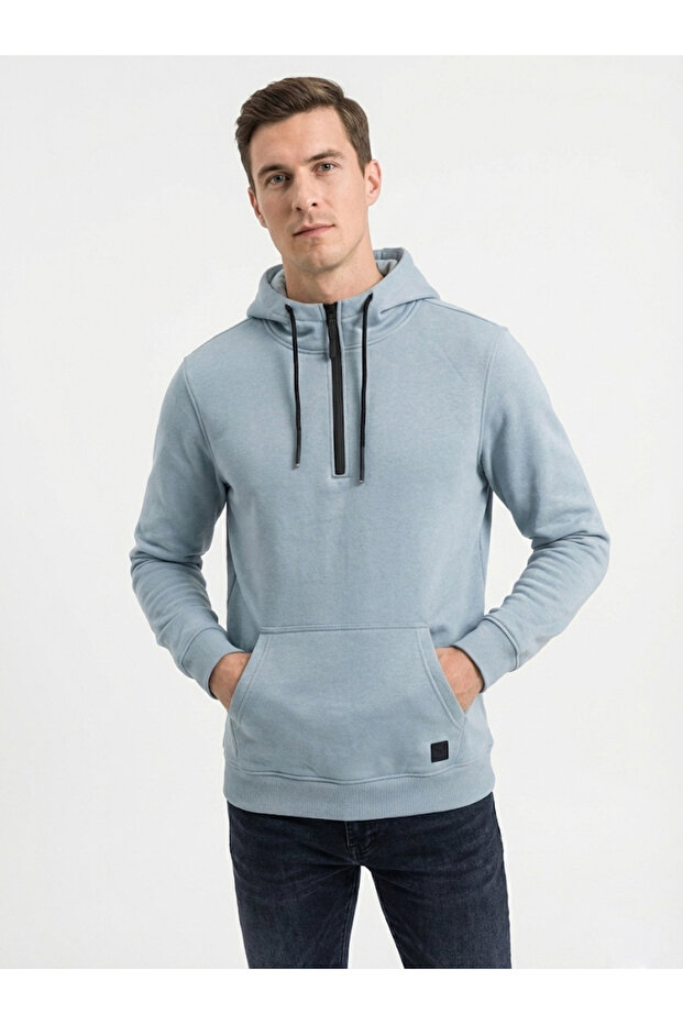 Hooded Zipper Detailed 3-Thread Sweatshirt-23235