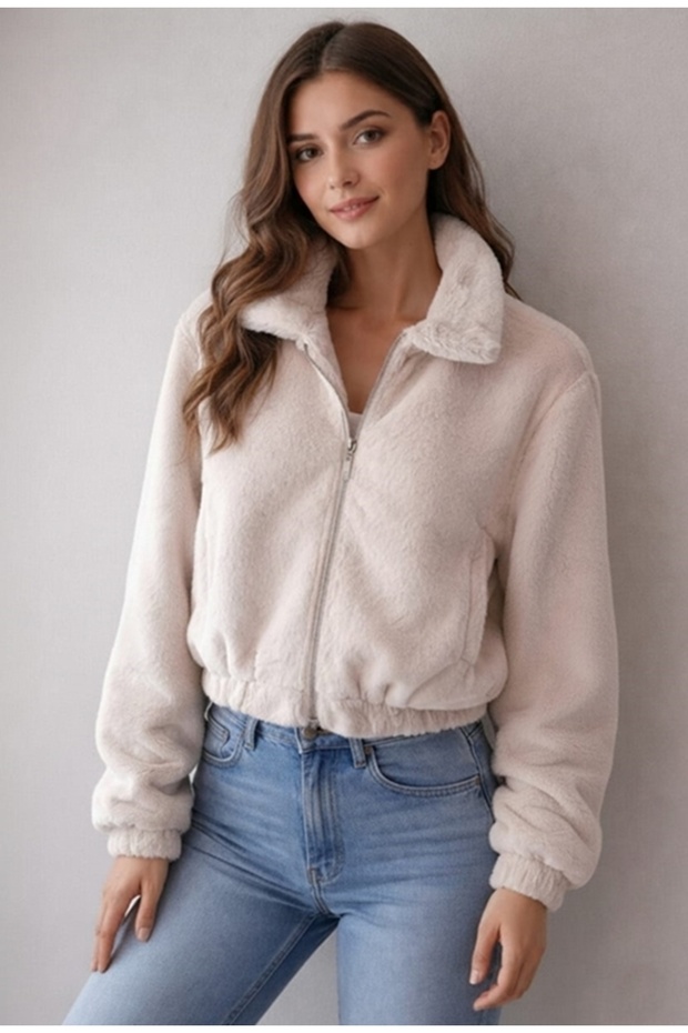 Bej Kadın Peluş Mont - 1