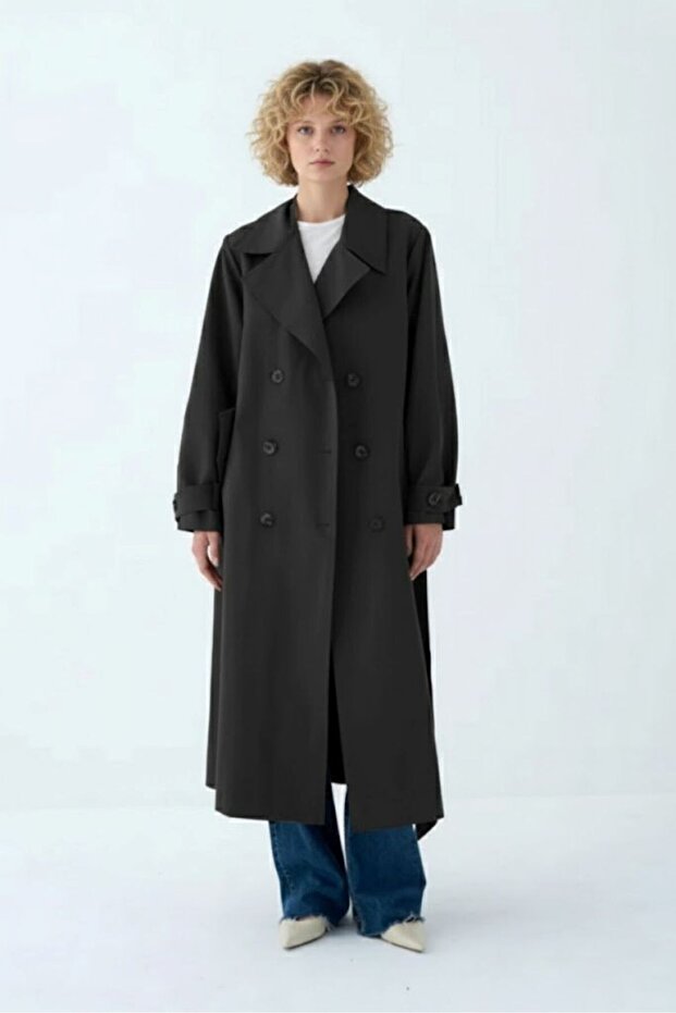 Trench Coat with Back Pile Detail - Black