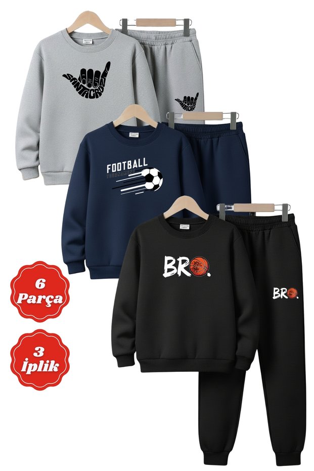 3 Yarn Winter Round Neck Print Detail Shaa Fleece-Lined Piece Boys Tracksuit Set