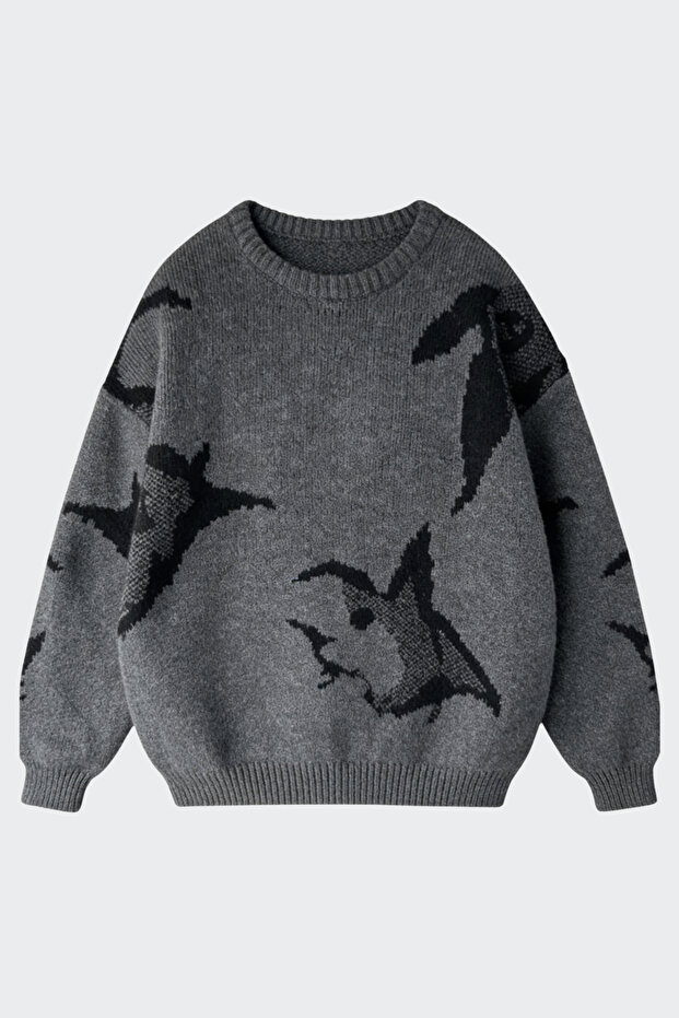 Dark Gray Wolf Pattern Premium Oversized Knitwear Sweater