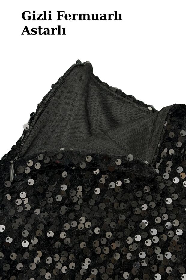 Pullu Şort - Pul Payetli Normal Bel Mini Kadın Şort Siyah - 6