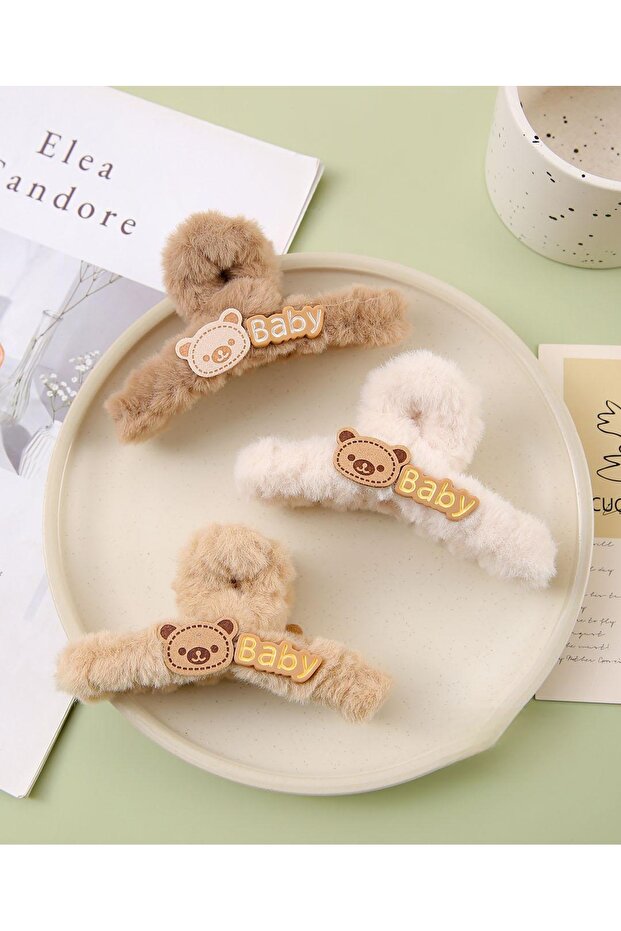 Teddy Bear Figured Baby Bow Model with Text Detail, Cream Color, 11 cm Plush Latch Buckle