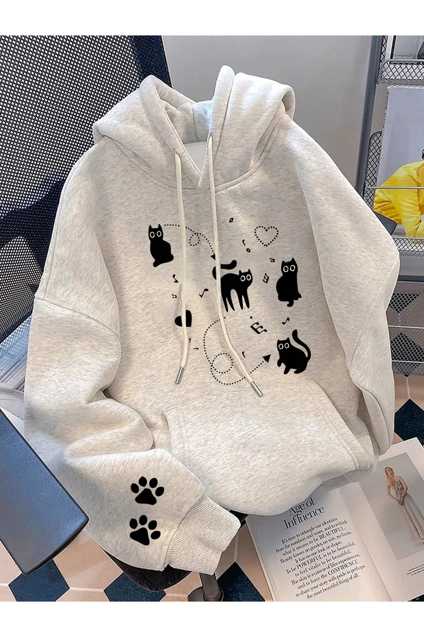 Unisex Cat Printed 3 Thread K Hooded Sweatshirt