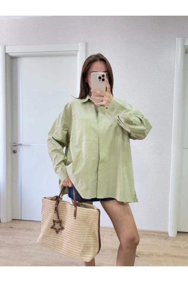 Collared Side Slit Shirt - Green - 4