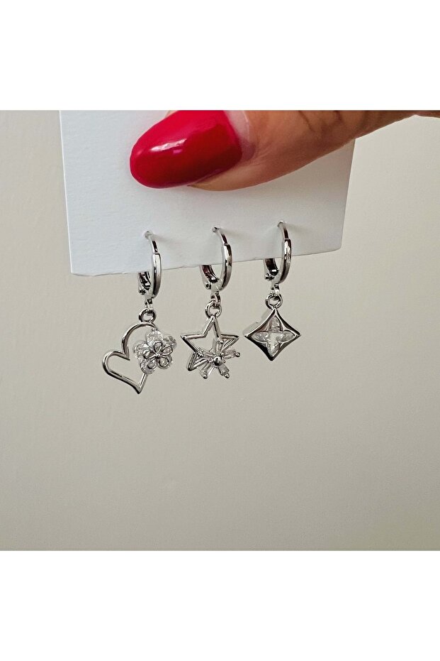 Set of 3 Heart and Star Dangle Earrings-Silver Color Acr7702