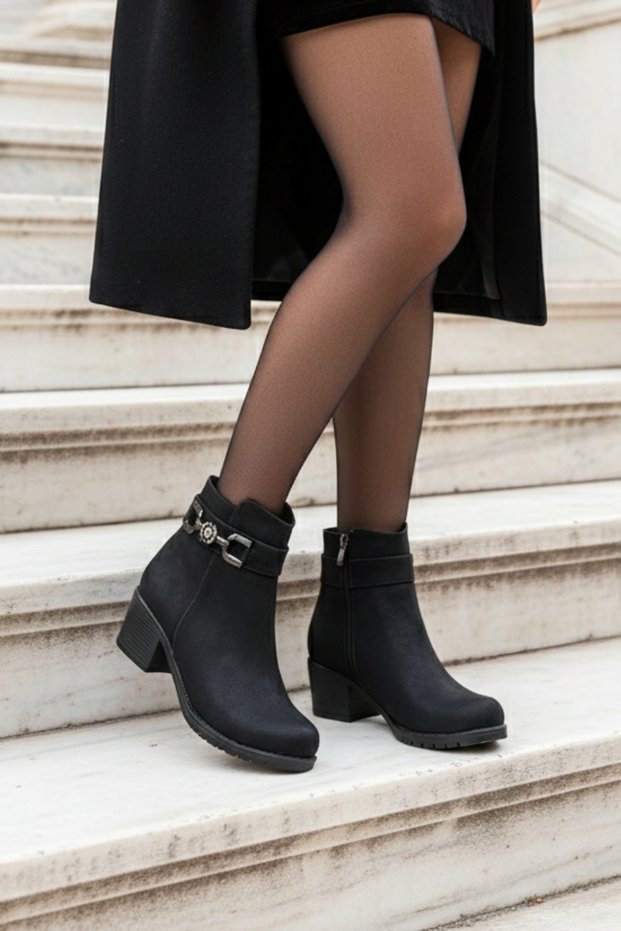 Women's Black Suede Short Heeled Boots – Buckled Casual Comfortable Winter Boots