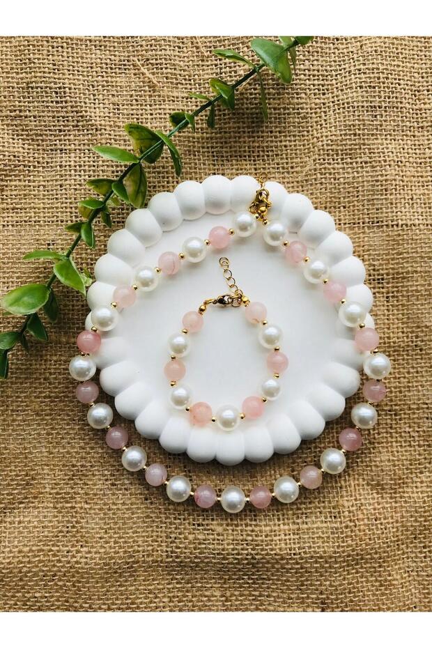 Pink Quartz Glass Pearl Necklace Bracelet Set 10 mm