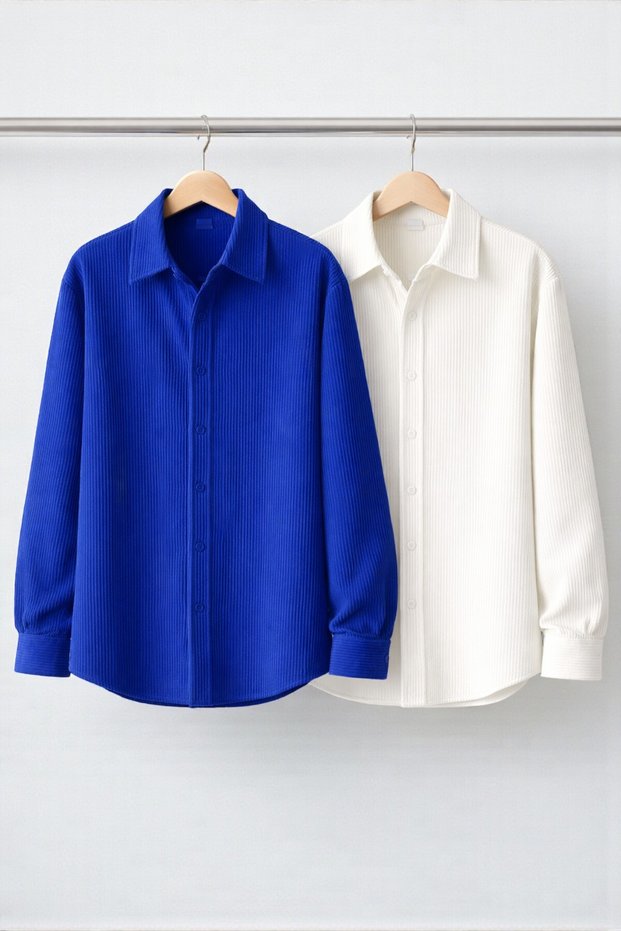 Set of 2 Men's Corded Fabric Textured Premium Long Sleeve Shirts