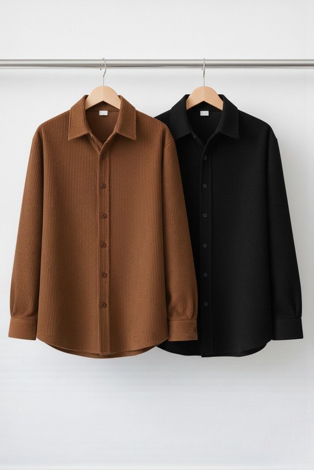 Set of 2 Men's Corded Fabric Textured Premium Long Sleeve Shirts