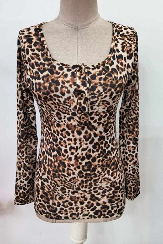 بلوزة طويلة الأكمام بنقشة الفهد - الفهد - 4