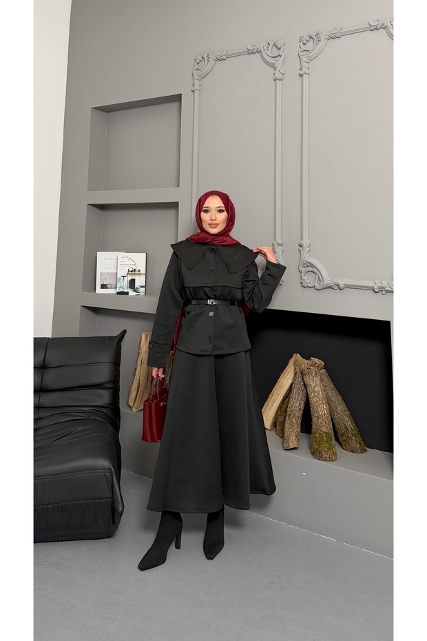 Shirt with Collar and Button Detail on the Front, Suit with Skirt