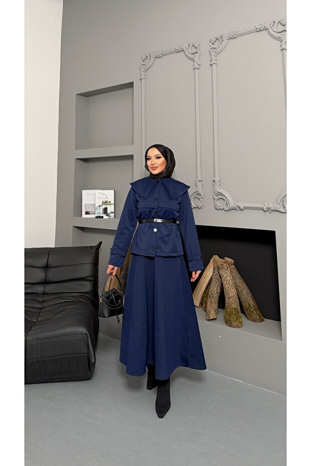 Shirt with Collar and Button Detail on the Front, Suit with Skirt