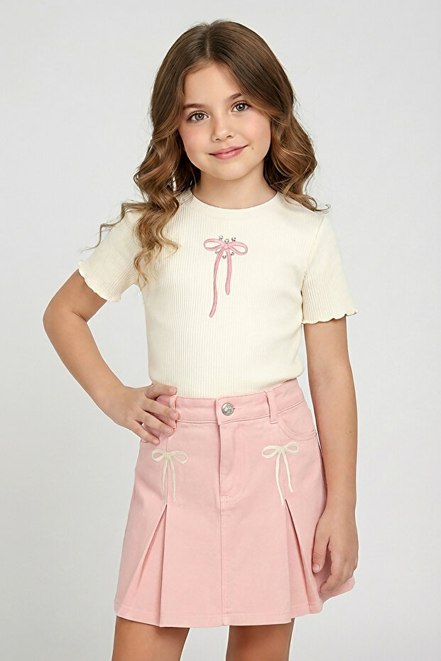Girl's Bow Embroidery Short Sleeve Ribbed Knit Bodysuit with Diamond Stones